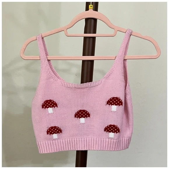 Sugar Thrillz pink mushroom cropped sweater tank top size medium (runs small) - Picture 2 of 4